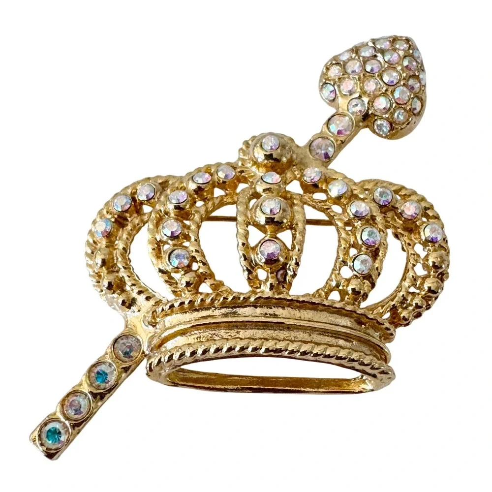 Vintage Gold Sparkly‎ Aurora Borealis Crown Pin Brooch, Princess, Queen, Sparkly